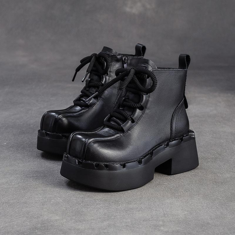 Fashion GKTINOO 2025 Winter New Retro Height Increase Thick Soled Ankle Boots Versatile and Comfortable Genuine Leather Women's Shoes
