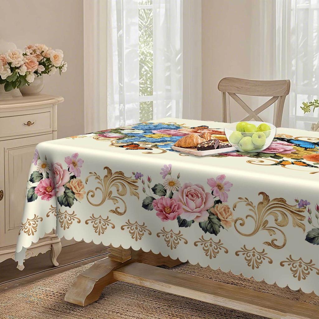 Polyester Waterproof Leave-In Rectangular Tablecloth, Flower Butterfly Printed European Table Cloth, Household Hotel Round Tablecloth