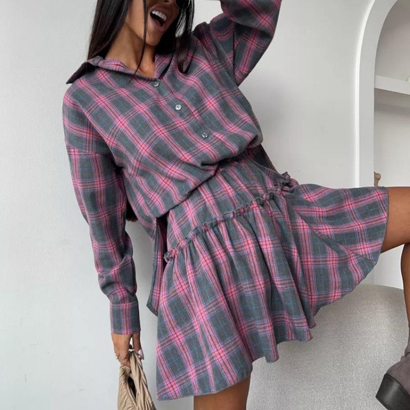 Women's Fashion Casual Plaid Skirt Lapel Loose Shirt Strap Pleated Skirt Two-piece Set