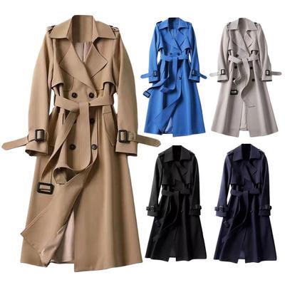 Women Windbreaker Turn-down Collar Loose Pure Color Coat Double-breasted Long Sleeves Belt Decor