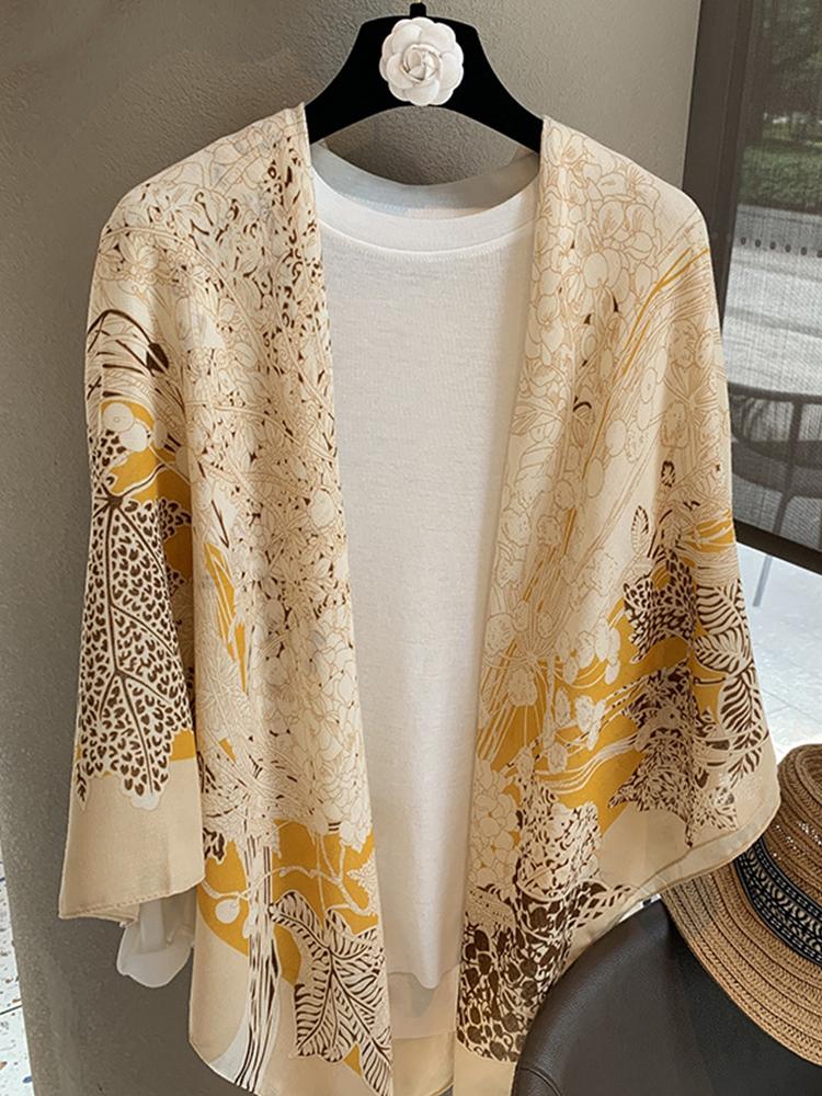 Elegant Women Silk Scarf Wrap Shawl Yellow Floral Print Sunscreen Bandanas Hijab Mujer Scarve Pareo Headscarf Travel Fashion New
