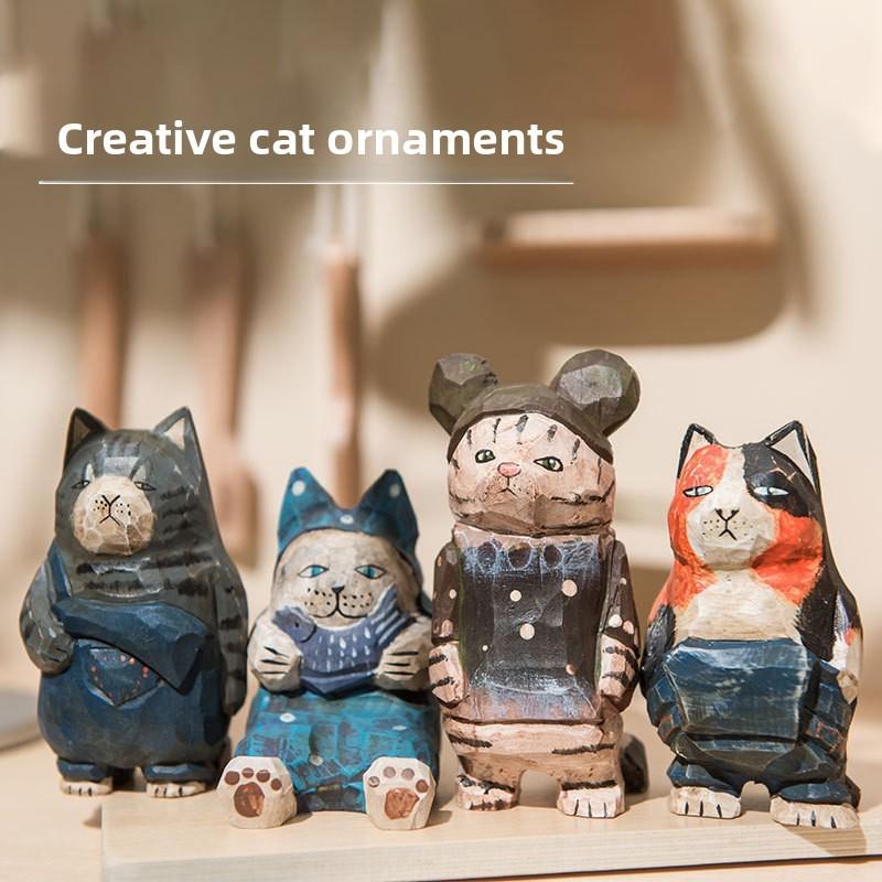 Wooden Cat Sculpture Creative Home Office Desk Ornament For Gifts And Decor
