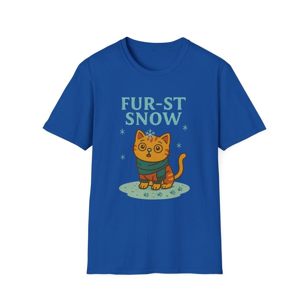 

Unisex Softstyle T-Shirt Fur-st Snow Funny Winter Cat First Snow Holiday Tee 4XL