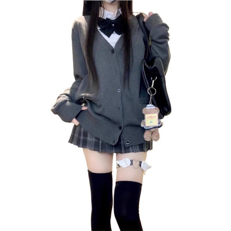Women's Academy Style Dark Grey Long Sleeve Cardigan Sweater Coat - Autumn 2024 Collection
