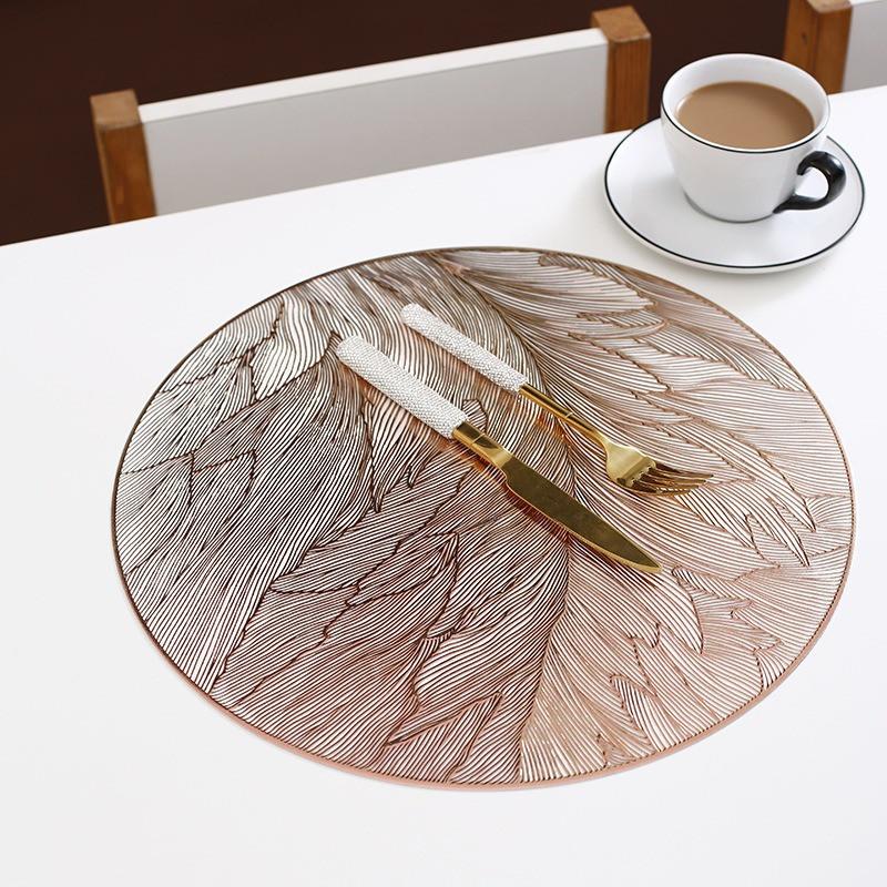1Pc 38x38cm Round Feather Pattern Gold Hollow Dining Heat Insulation PVC Table Mat Home Tea Coffee Dish Coaster Placemat