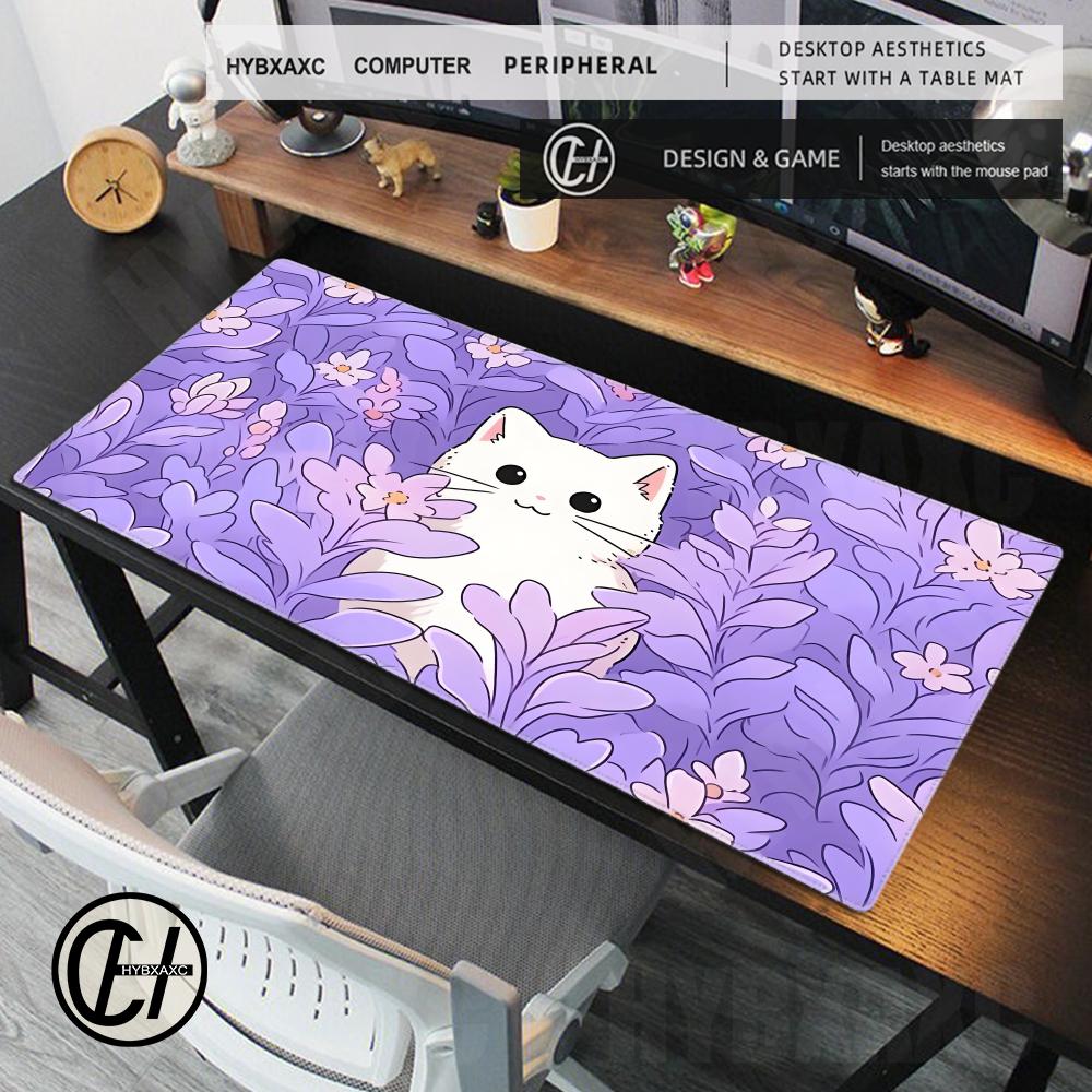 Hybxaxc Purple Flowers Cartoon Mouse Pad White Cat Gaming Mousepad Computer Gamer Accessories Keyboard Rug Kawaii Anime Desk Mat