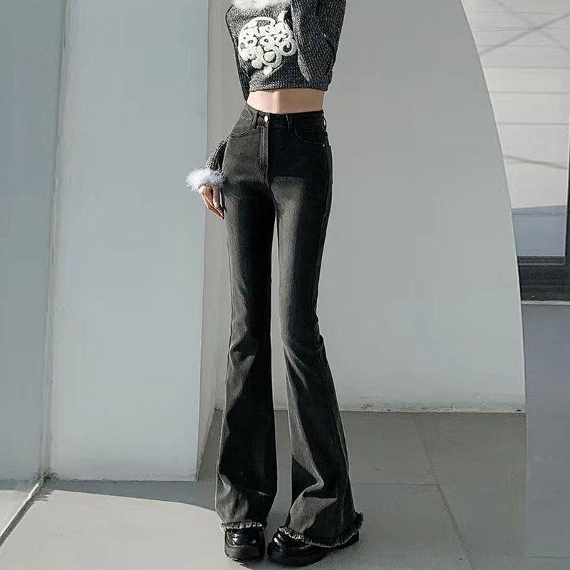 Women's High Waist Frayed Micro Flare Jeans - Retro Slim Fit Petite Pants