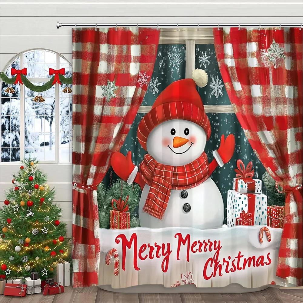 Christmas Snowman Shower Curtain Santa Claus Christmas Gifts Snow Printed Polyester Fabric Home Decor Shower Curtain With Hook