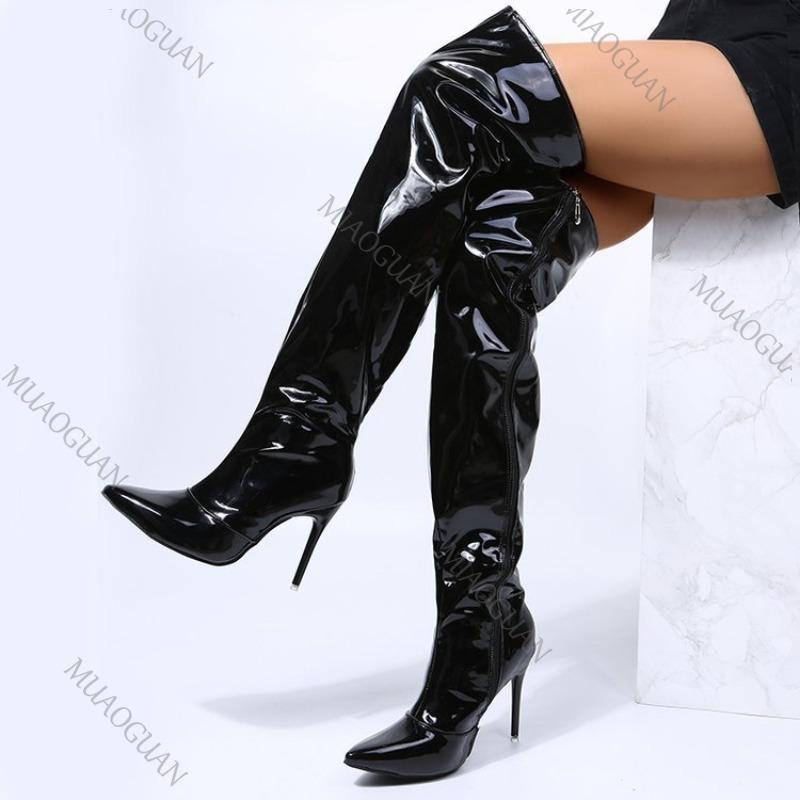 Fashion Women Boots Mirror Pointy Toe Punk High Thin Heels Over The Knee Long Boots Autumn Winter Zip Silver Black Casual Party Shoes