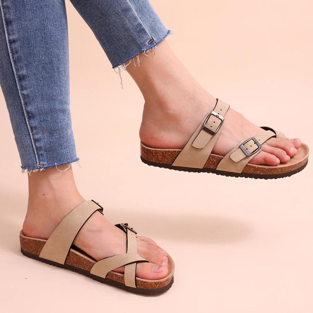 Fashion Kidmi New Fashion Women's Sandals Summer Cork Clogs Sandals Classic Women Mules Soft Suede Beach Slides With Adjustable Buckle