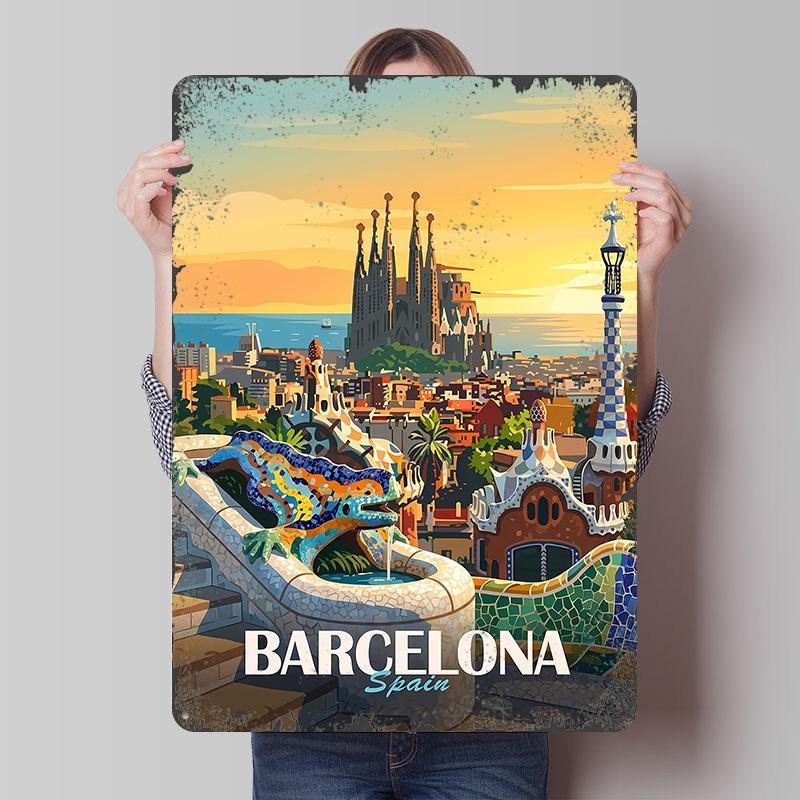Barcelona Spain Travel Tinplate Poster Customized Wall Art Vintage Retro Metal Signs for Home Decor Gaming Room Decoration Cozy