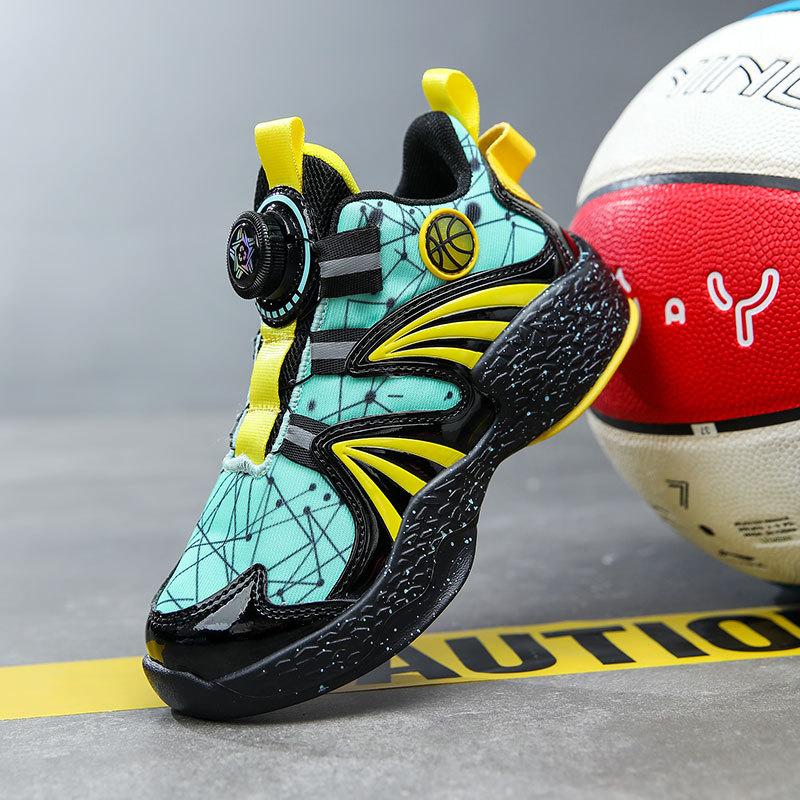 Breathable mesh children's basketball shoes 2025 spring and summer new classmates rotating button children's sneakers non-slip sneakers