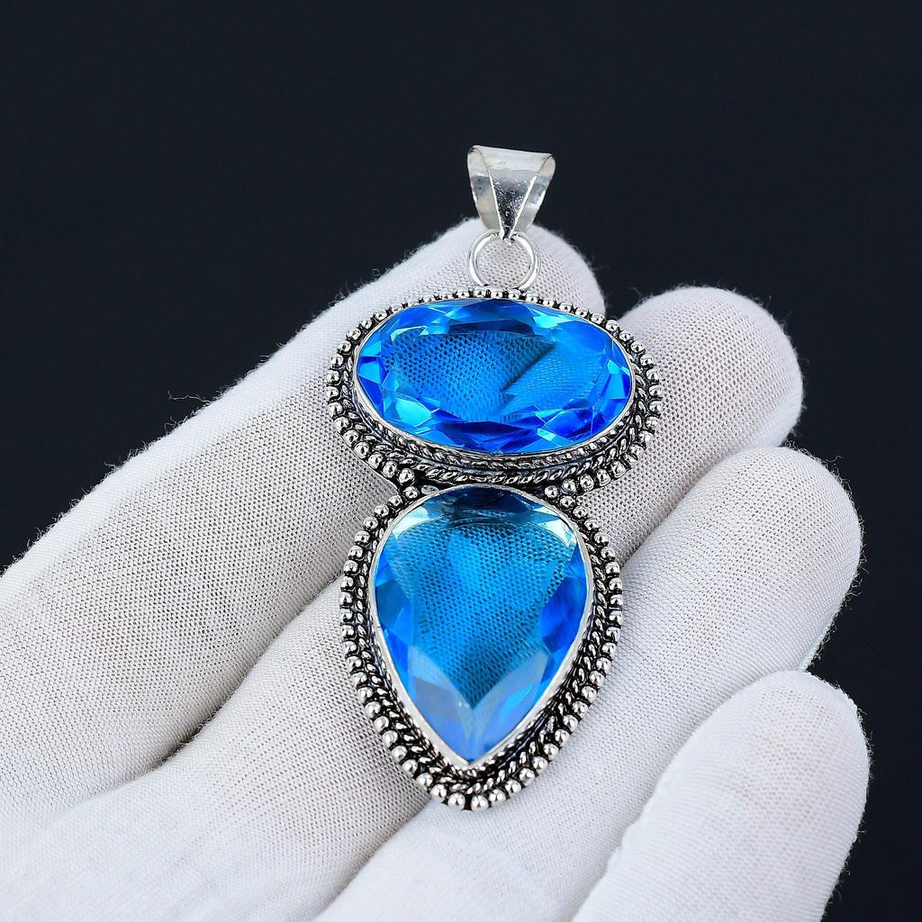 Swiss Blue Topaz Gemstone Handmade 925 Sterling Silver Jewelry Pendant, Blue Handcrafted Jewelry Pendant Necklace, Thanks Giving Jewelry