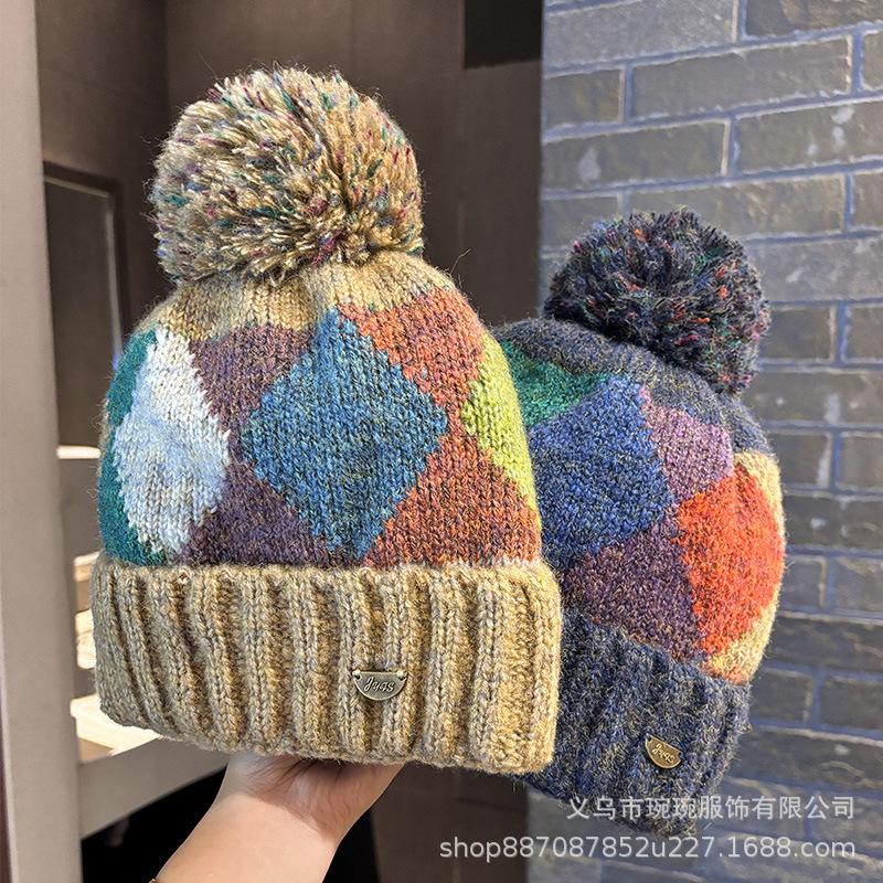 Rhombus Grid Wool Hat Women with Hairball Retro Color Autumn and Winter Warm Knitted Hat Windproof and Cold-resistant Cycling Cold Hat