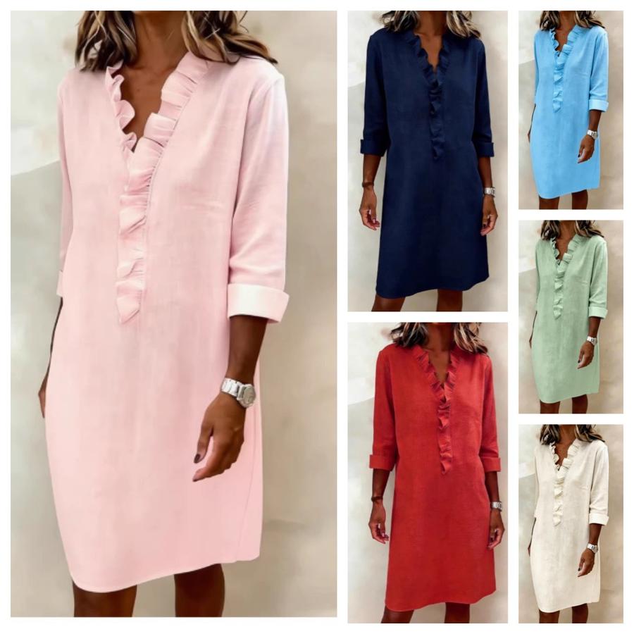 Spring New Fashion Slimming Women's Wood Ear Trim Long Sleeve Cotton Linen Shirt Dress