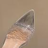 Fashion 2025 New Plus Size Style Solid Color Square Toe High Heel Slippers for Women Transparent Rhinestone Thin Heel Summer Sandals