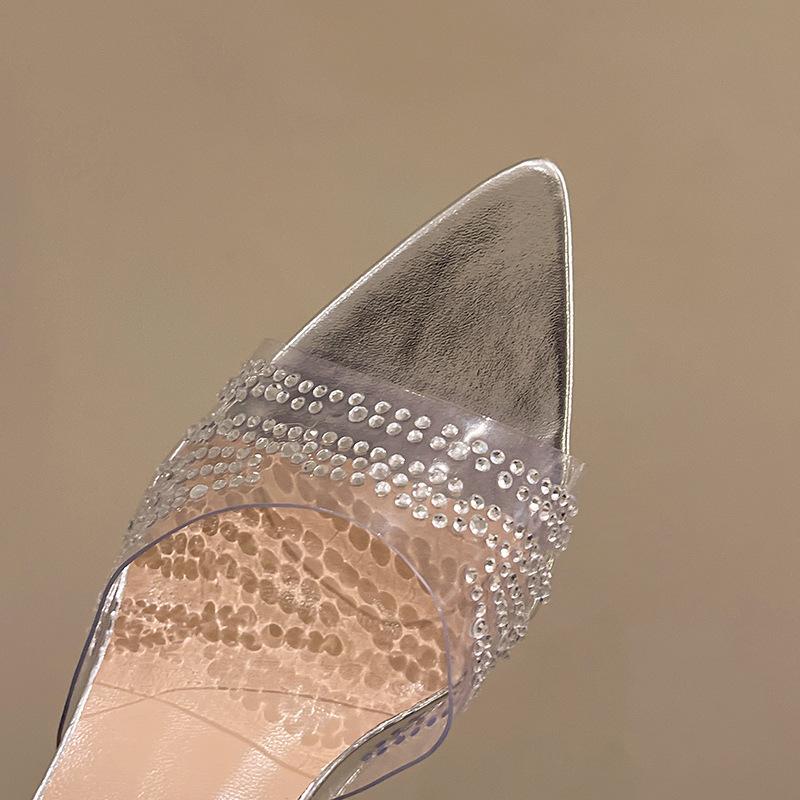 Fashion 2025 New Plus Size Style Solid Color Square Toe High Heel Slippers for Women Transparent Rhinestone Thin Heel Summer Sandals