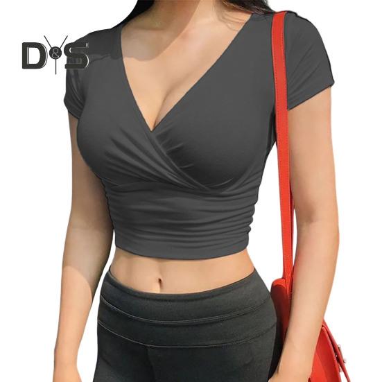 Dámské triko s hlubokým výstřihem do V krátkým rukávem Tričko s odhaleným pupíkem Slim Fit Jednobarevné topy Lehké strečové topy