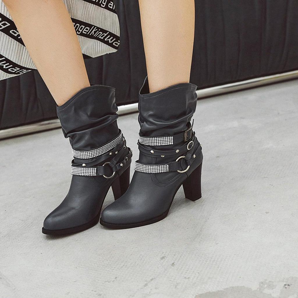 J/Winter New High Heel Thick Heel Round Toe Short Boots European and American Feng Shui Diamond Belt Decorative Women's Boots