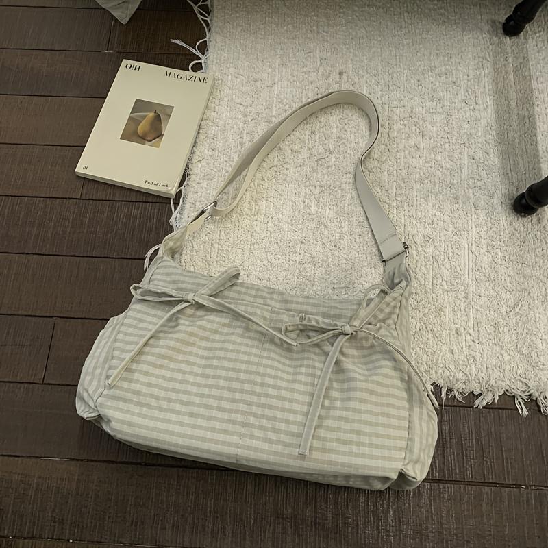 Korean-Style Plaid Lazy Shoulder Bag New Pleated Women'S Single Shoulder Tote Bag Adjustable Shoulder Strap Crossbody Bag Pleated Design