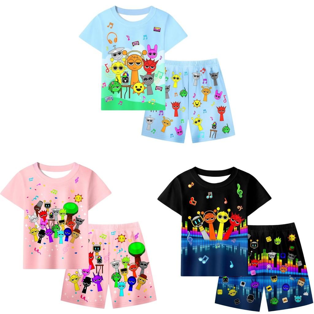 Conjunto de Pijama de Verano con Estampado Sprunki para Niños y Niñas de Algodón Casual Dibujos Animados Traje de Dos Piezas para Estar en Casa para Niños