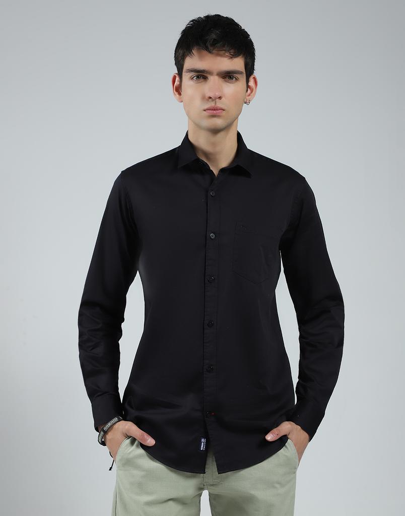Monte Carlo Mens Solid Black Collar Neck Full Sleeve Shirt