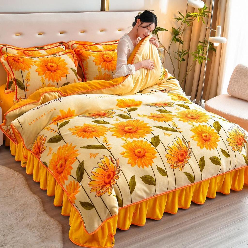 Cozy Flannel 230g Milk Velvet Printed Bed Set with Skirt - New Autumn/Winter Collection, Hot Seller