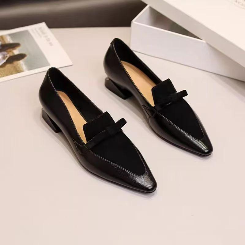 Shoes for Woman Small Leather Shoes Women's French Splicing Thick Heel Pointed Single Shoes Leather Versatile Loafers Woman