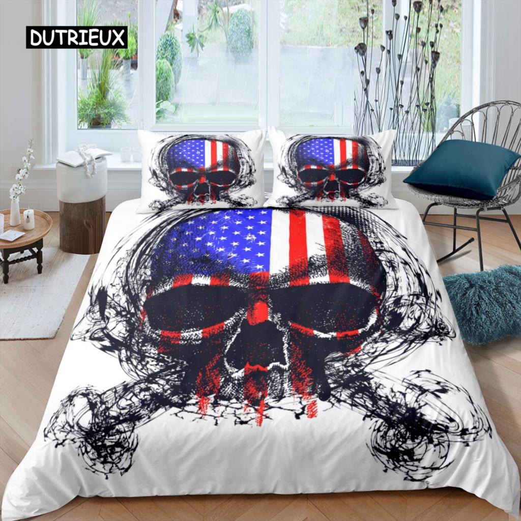 Sugar Skull Duvet Cover for Lover Sweetheart Roses Twin Bedding Set Microfiber Halloween Men Smoke Fog Horror Gothic Quilt Cover