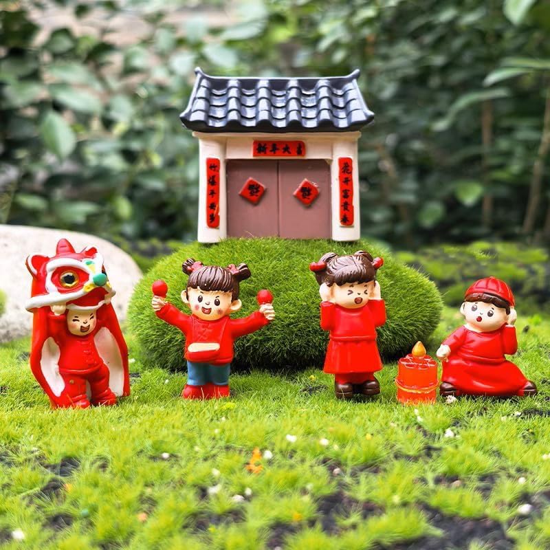 Pinenjoy Chinese New Year Figurine Miniature New Year Auspicious Resin Miniature Set Featuring Dancing and Red Traditional Lucky Gifts for Chinese New