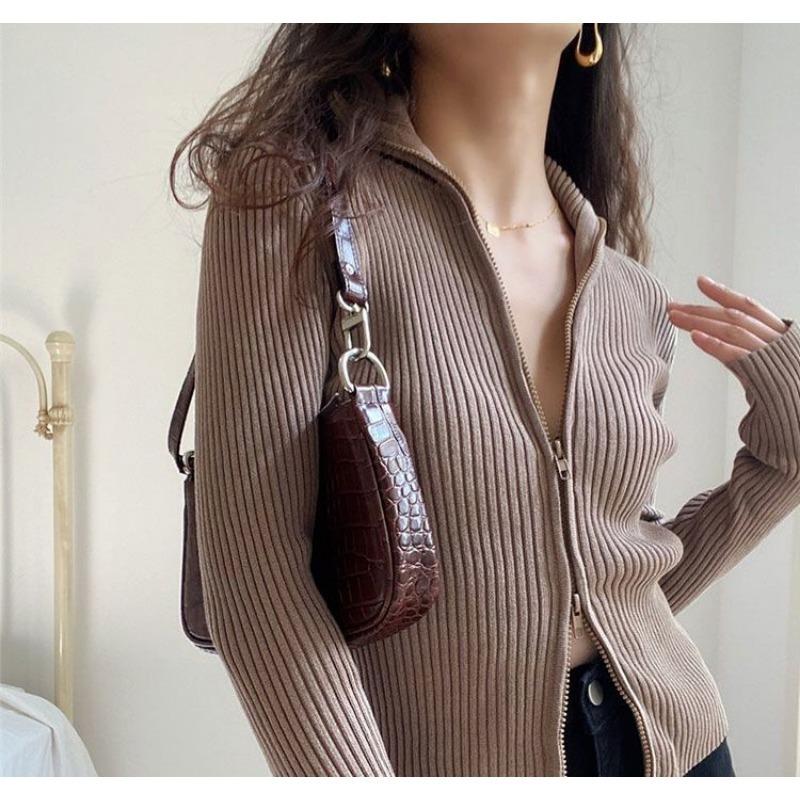 

Autumn Winter French Retro Zipper Knitted Bottoming Shirt for Women with Western Style Long-sleeved Outer Knitted Cardigan Top S
