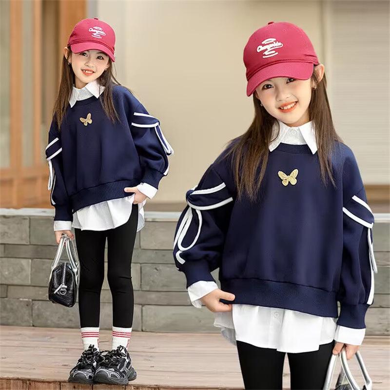 Girls' Trendy Sweatshirt: Spring/Autumn Two-in-One Shirt with Stylish Collar for Kids