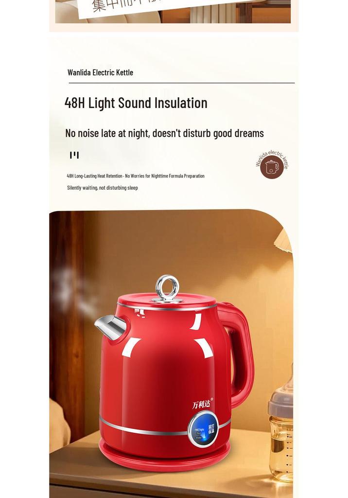 Wanlida Red Stainless Steel Smart Electric Kettle with Double-Layer Anti-Scald Insulation and Constant Temperature Control.