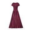 2026 Spring European & American Style Women's Lace Patchwork Waist-Cinching Long Dress with Short Sleeves