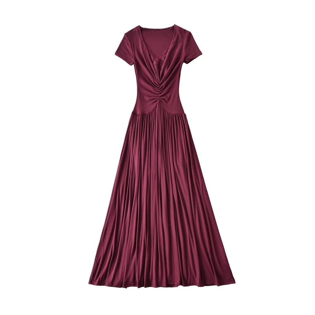 2026 Spring European & American Style Women's Lace Patchwork Waist-Cinching Long Dress with Short Sleeves