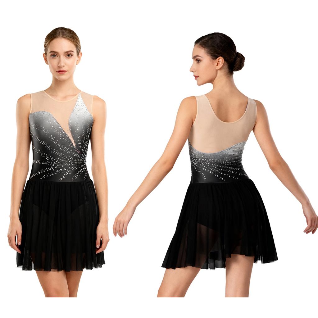 Damen Eiskunstlauf Performance Kleid: Ärmelloses Netz-Kleid mit Strasssteinen und sicheren Schrittknöpfen für Wettkämpfe