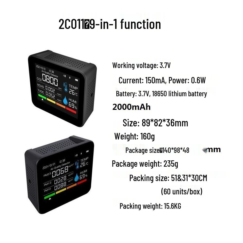 9-in-1 Bluetooth Air Quality Detector: CO2, PM2.5, Dust, TVOC, Formaldehyde