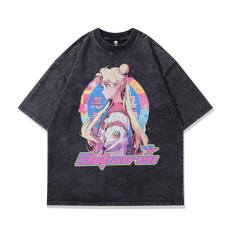 Street Tide Brand Animation Printing Small Neckline Half-Sleeved T-Shirt For Men And Women, National Tide Retro Washing Water Short-Sleeved Backing Te