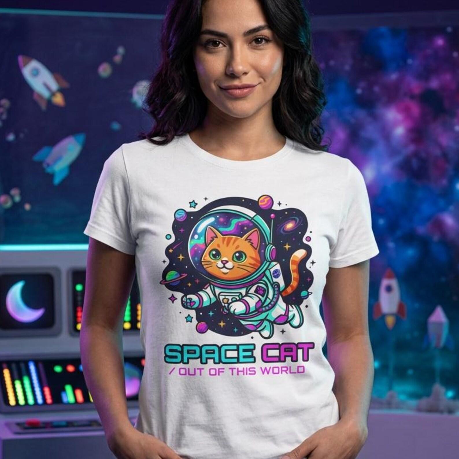 Retro Neon Space Cat Astronaut T-Shirt – Whimsical Graphic Tee 3XL