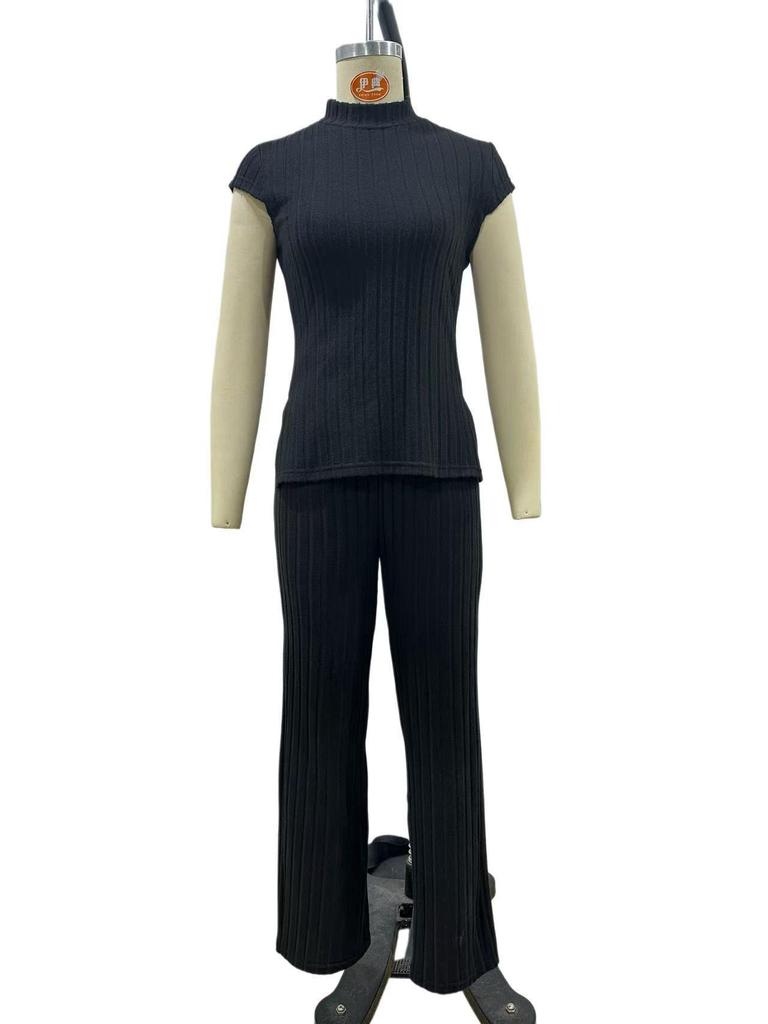 2026 New Style Women's Solid Color Short Sleeve Top & Ribbed Casual Pants Set