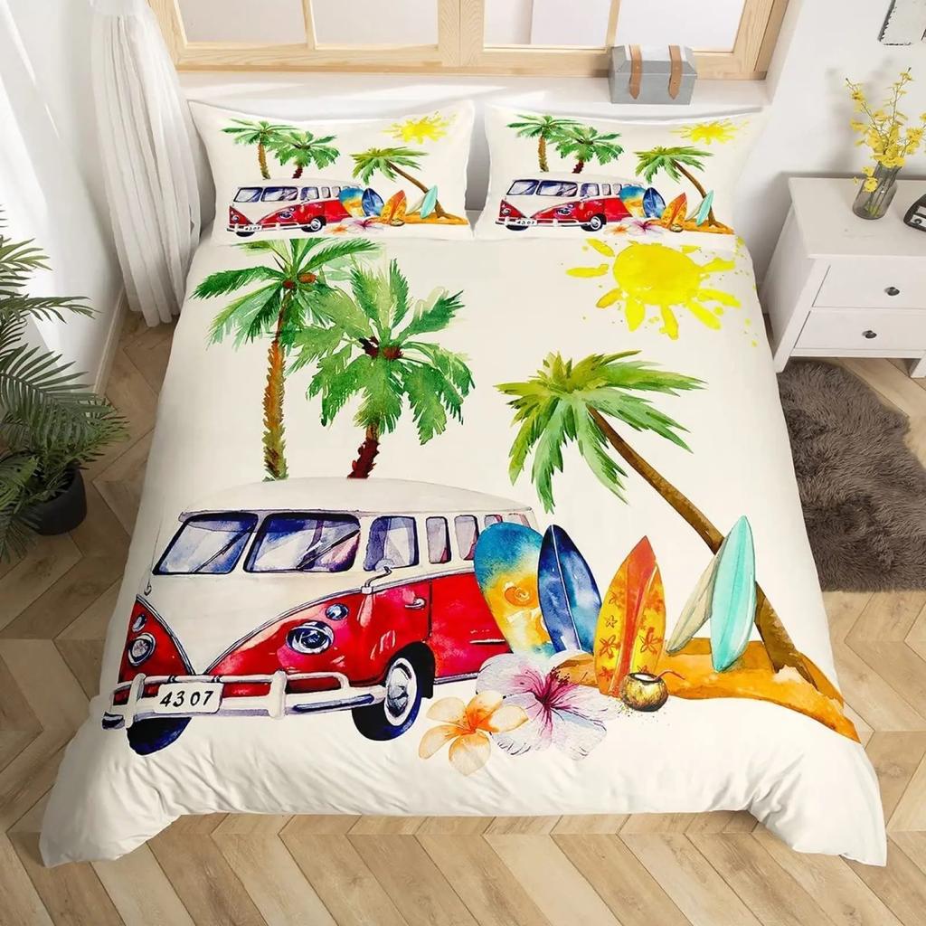 Surf Duvet Cover Set Retro Posters Group Summer Vacation Theme Water Sports California Beach Surfboard Wood Board Bedding Sets