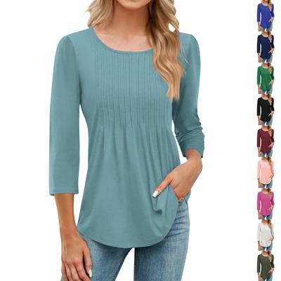Women's Fashionable Casual Pleated Round Neck Solid Color Seven Quarter Sleeve T-shirt Top