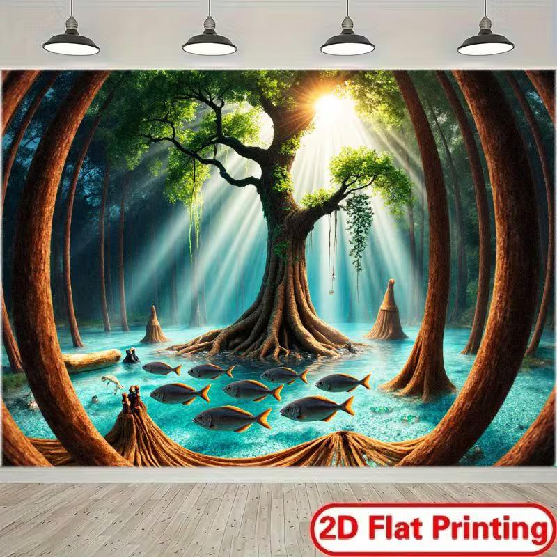 

2D Whimsical Anime Tapestry, Green Hill with Flowers, Small House and Dramatic Clouds Wall Art 47.2x31.5inch/120*80cm