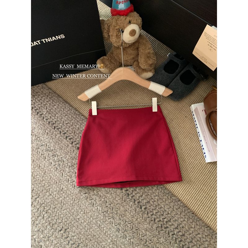 

Khaki Fancy Elegant A- line Skirt Skirt Women s Autumn High Waist Anti-Exposure Sexy Hip Skirt Skirt Red Skirt M