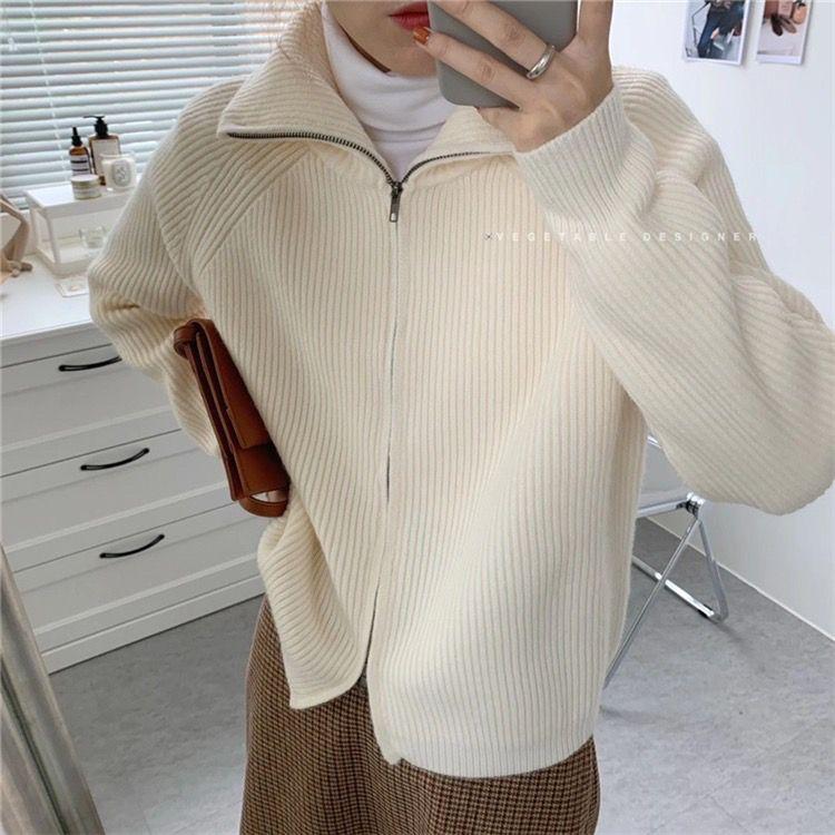 Cardigan Maglioni Casual a Maglia Donna Autunno Inverno Vintage Zip-up Monocolore Larghi Manica Lunga Top Maglieria Chic Kpop
