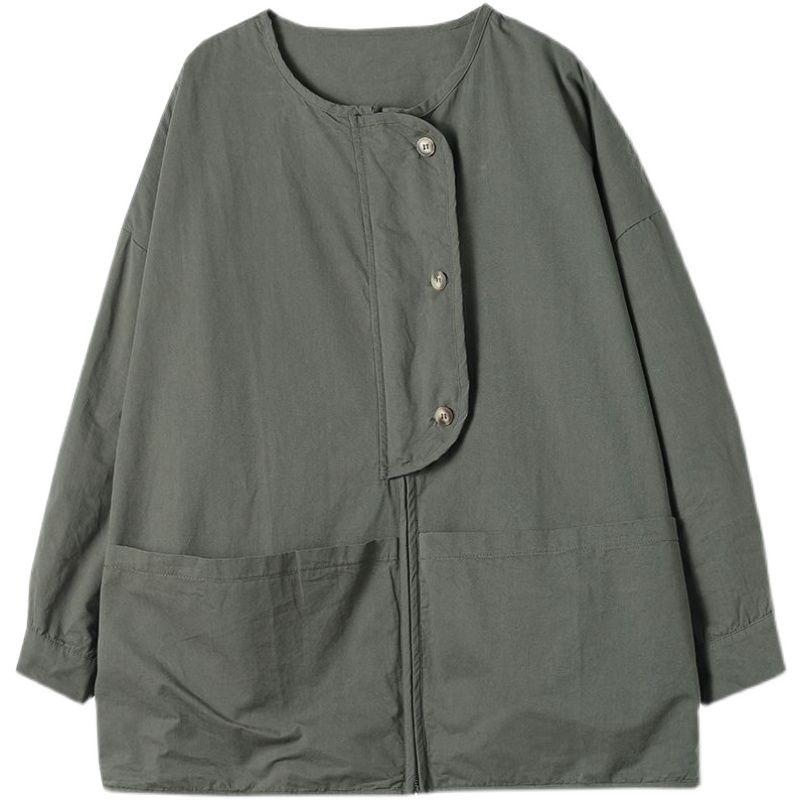 Women's Long-Sleeve Short Jacket with Patchwork Pockets Loose Slimming Solid-Color Outerwear Top for Autumn