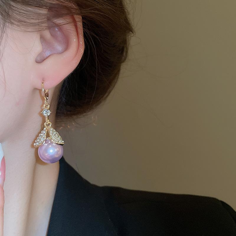 Super Flash Diamond Purple Flower Pearl Stud Earrings French Earrings