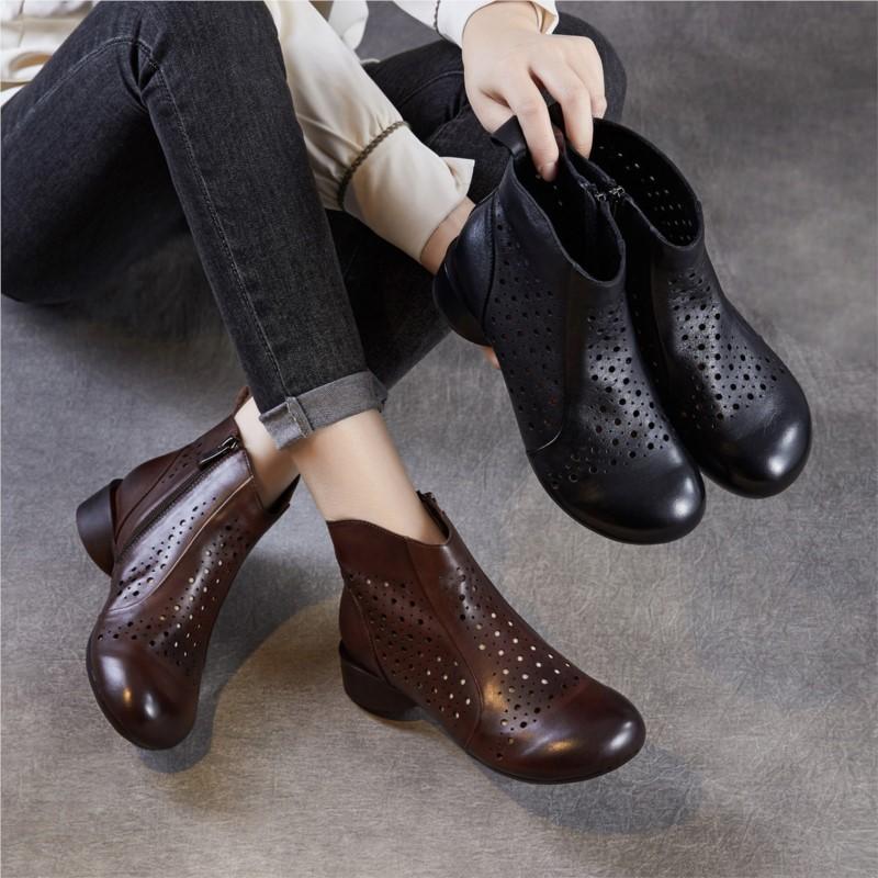 Johnature Pantofi de damă respirabili cu decupaje Piele naturală Confortabili Talpă moale Stil retro Cizme de vară