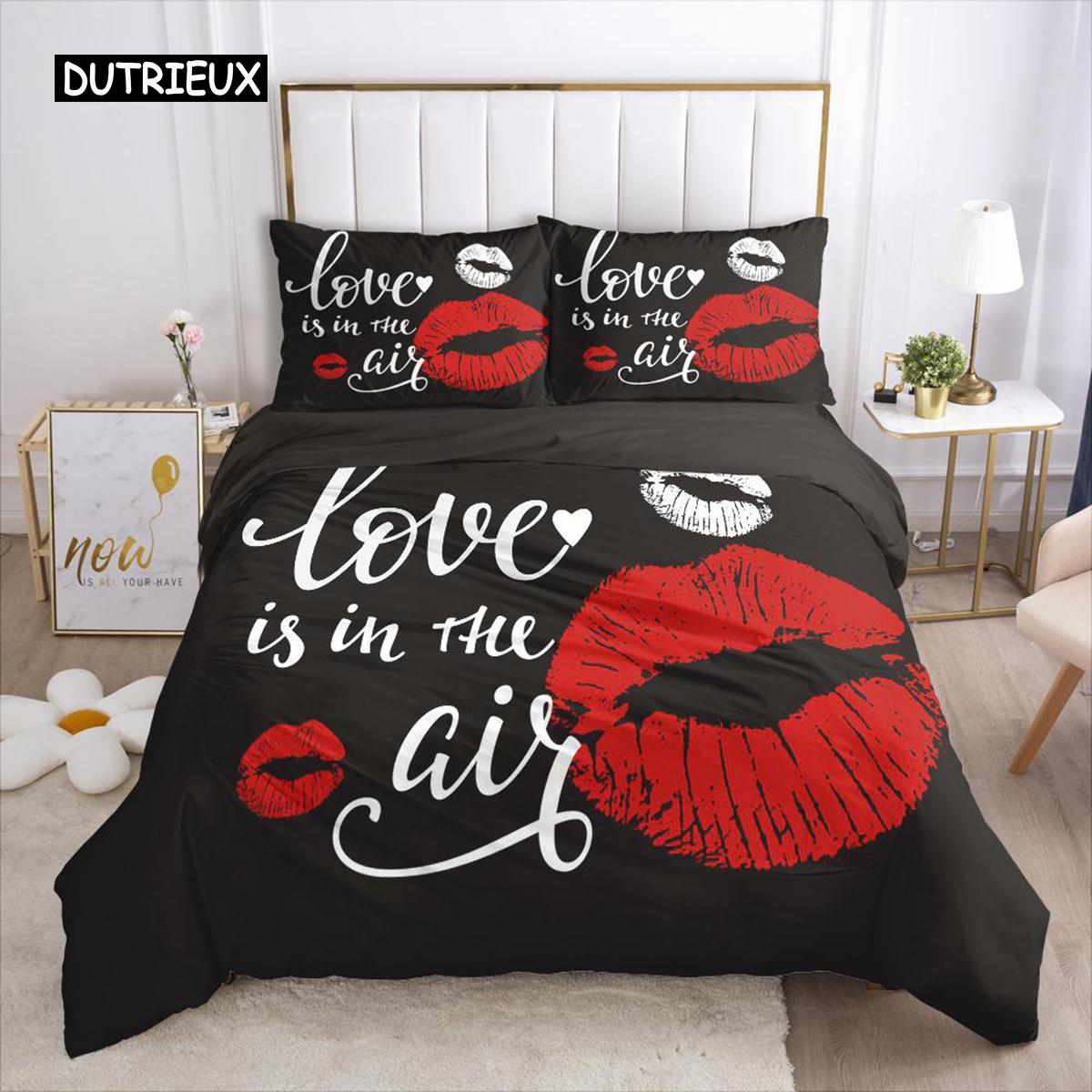 

Red Lips Комплект постільної білизни Queen Polyester Love Twin Set Sexy Theme Adult Couper Cover 3D Kiss Marks Підковдра Cover 140x200cm 3pcs