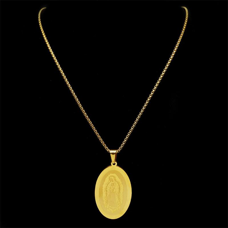 Katholische Jungfrau Maria Medaillen Halskette für Damen Herren Edelstahl Goldfarbe Religiöse Guadalupe Gebetskette Schmuck NZZZ939S02